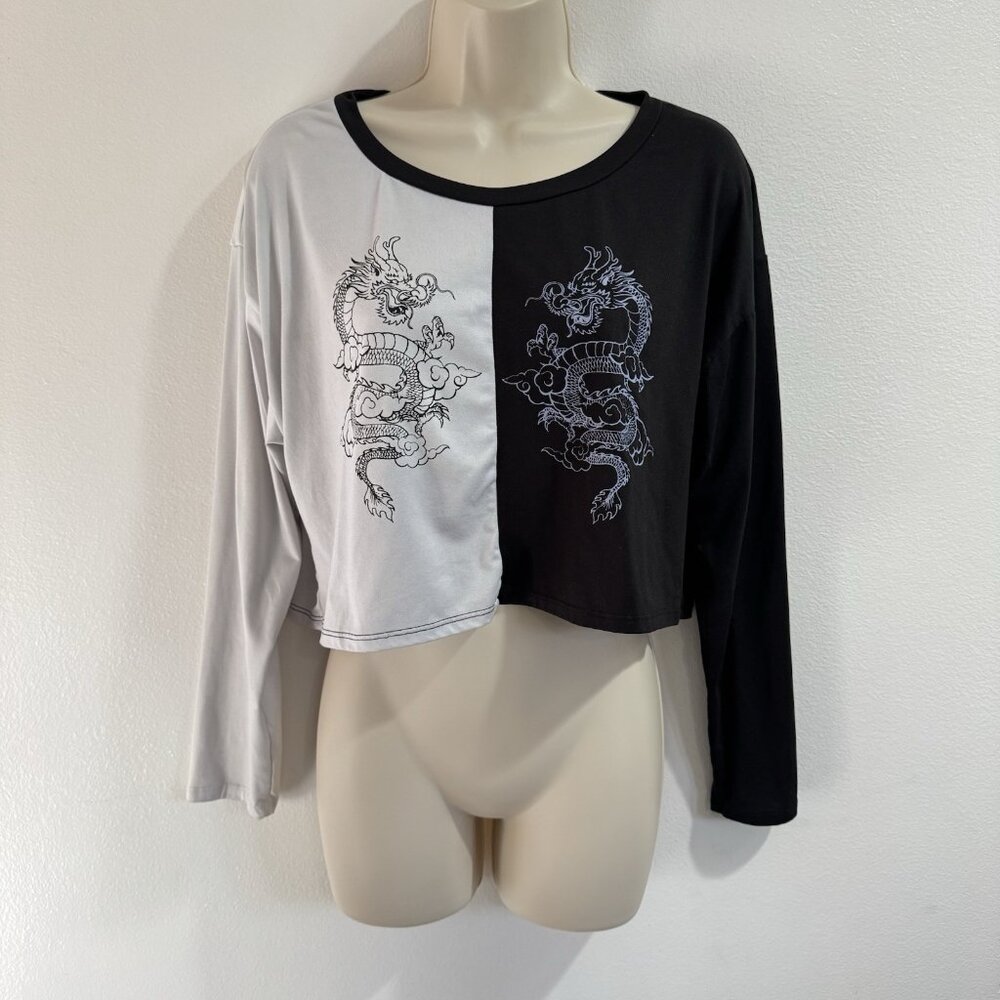 Vintage Y2K Love J Crop Shirt L Dragon Asian Yin Yang Black White Long Sleeve